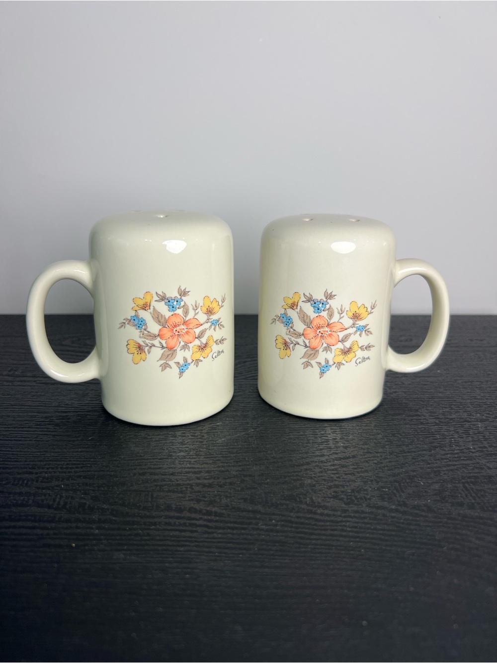 Vintage Saltera Floral Mist Floral Ceramic Mug-Style Salt & Pepper Shakers
